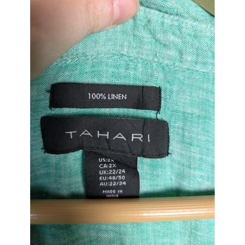 Tahari Womens Tunic Blouse 2X Green 100% Linen V-Neck 3/4 Sleeve Ruffle - Picture 2 of 8